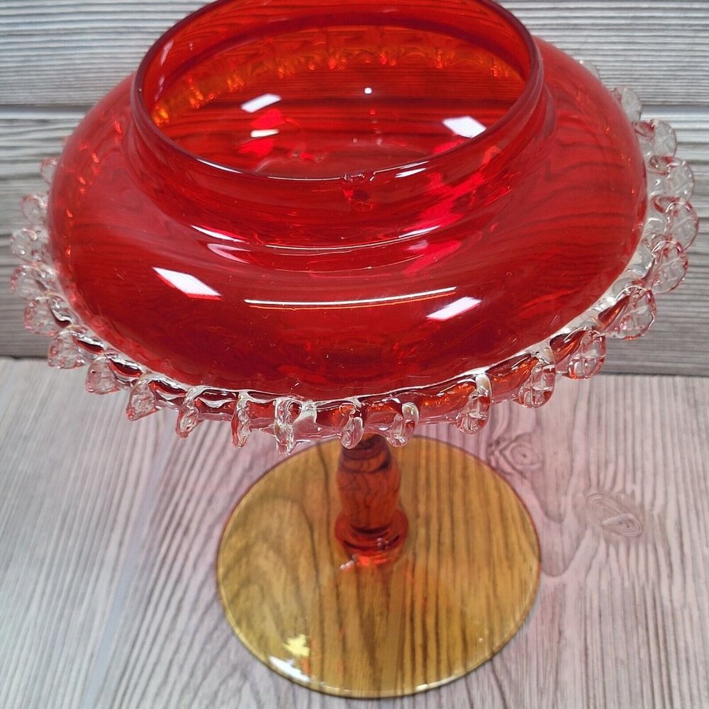 Vintage Ruby Red‎ Art Glass Pedestal Compote Bowl Clear Ruffled Edge 7.5 Inch - Picture 2 of 13